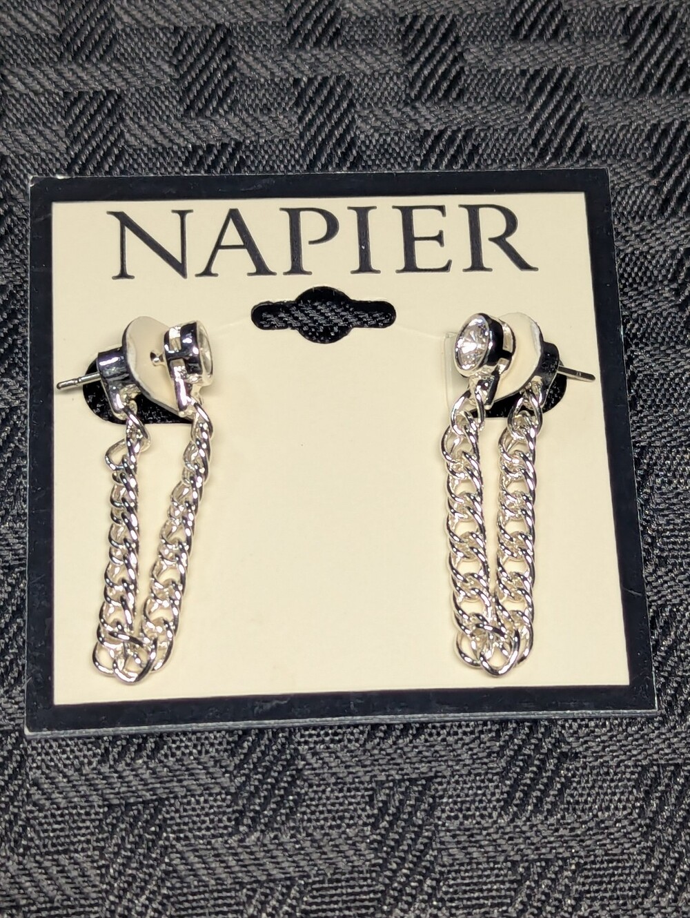 Silver Napier Chain Drop Earrings with Crystal Studs.